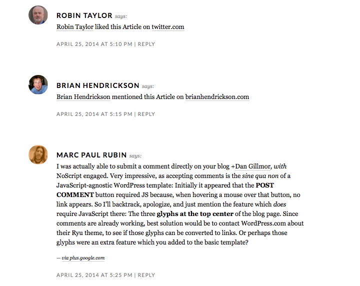 Screenshot of Dan Gillmor original comments