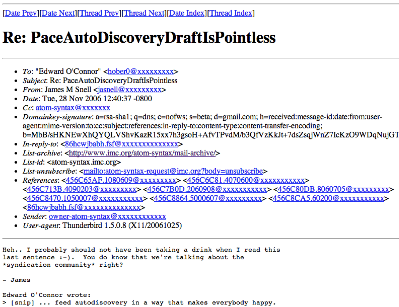 Screenshot of mailing list